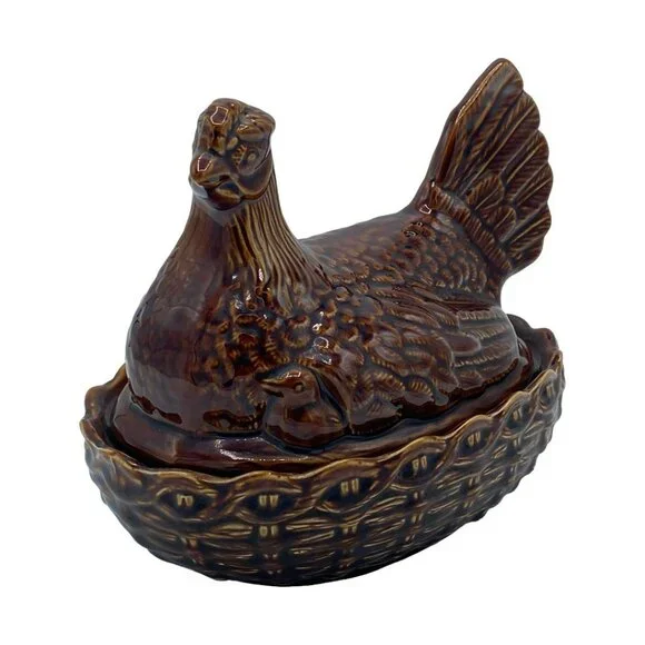 Vintage Portmeirion (?) Ceramic Hen on Nest w/2 Chicks Size 3-Medium MCM Brown - Picture 2 of 13